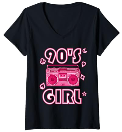 Damen 90s Girl Retro 90er Party 1990er Outift T-Shirt mit V-Ausschnitt