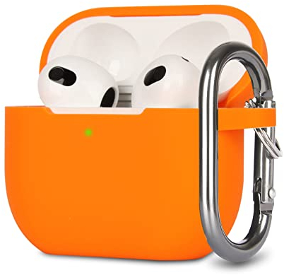 KOKOKA Silikon Hülle Kompatibel mit AirPods 3 Case und Schutzhülle für AirPods 3rd Generation 2021, Stoßfeste Weiche Dünne Case für Airpods 3 Mit Karabiner, Front-LED Sichtbar, Orange