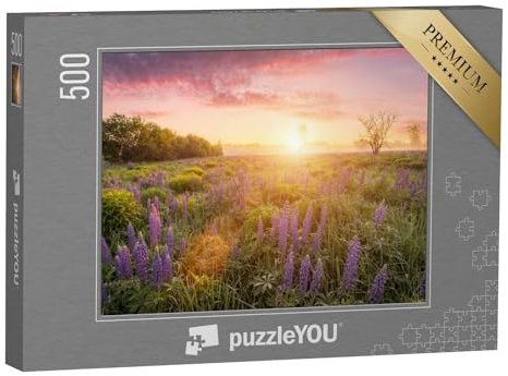 puzzleYOU: Puzzle 500 Teile „Erste Sonnenstrahlen über Einer Wiese mit blühenden Lupinen“ – aus der Puzzle-Kollektion Sonnenaufgang