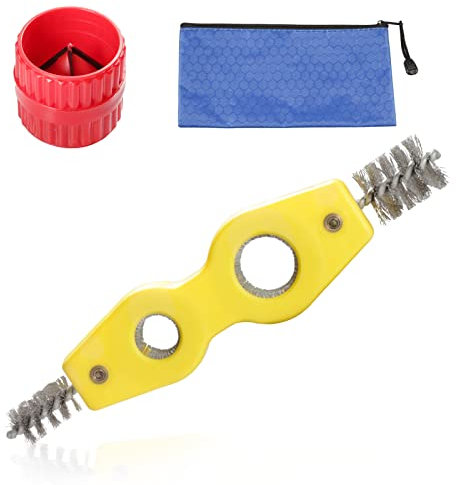 LEONTOOL Copper Pipe Cleaner and Reamer Value Set with Tool Pouch 4 in 1 Copper Tubing Brush Cleans Inside and Outside Wire Brush Tube Deburring Reamer for PVC PPR Copper Brass Aluminum Pipes