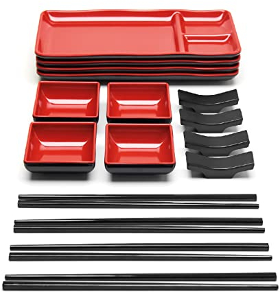 Goliber 16 Piece Japanese Style Sushi Plate Dinnerware Set - Includes 4 Sushi Plates, 4 Sauce Dishes, 4 Pairs of Chopsticks, 4 Chopsticks Holders (Red)