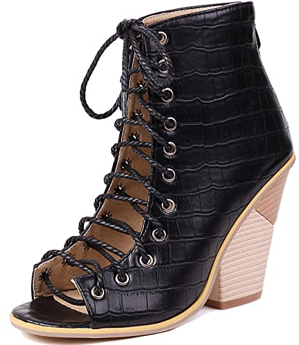 Smilice Donna zeppa e stivali estivi con lacci, Nero , 37 EU