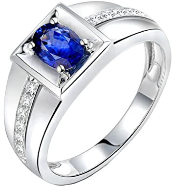 Herren Ring Weißgold, Eheringe Vintage 18 Karat (750) Weißgold mit 0,6ct Blau Ovalschliff Saphir Größe 56 (17,8)