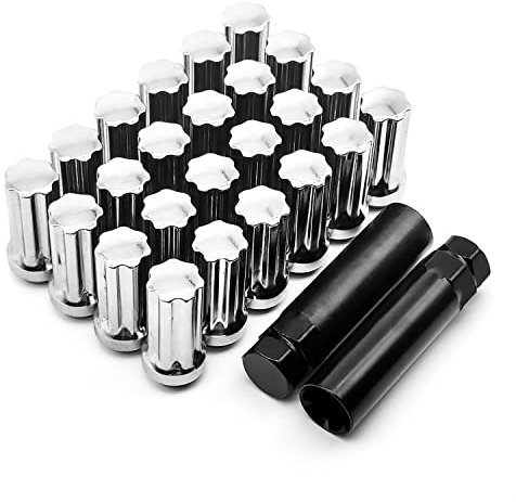 BRONEVO Radmuttern, Chrom, 24 Stück, M14 x 1,5, konischer Sitz – verlängerte Verzahnung – passend für 8 Lug Aftermarket-Räder – inklusive 2 Steckschlüssel – kompatibel mit Ford, Ram, SAAB