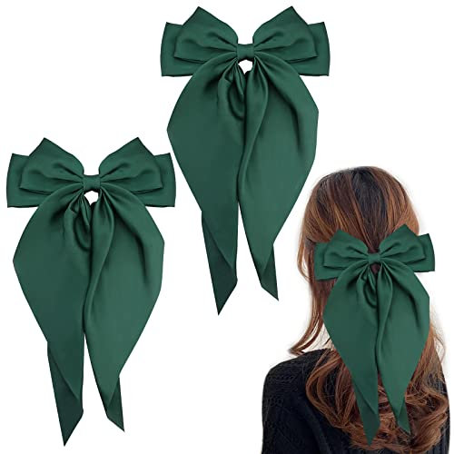 Bekecidi Lot de 2 Pinces à Cheveux avec Grand Nœud, Couleur Unie, Barrette Française avec Long Satin Soyeux, pour Adultes, Adolescents Et Femmes (Vert Foncé)