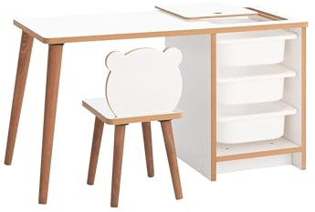 MyosHome - Kinder-Schreibtisch mit Stuhl und Schubladen, Kinderschreibtisch mit Aufbewahrungsfächern, Spieltisch für Kinder, Kindermöbel in Weiß und Holz, 90 x 42 x 51 cm. Soho