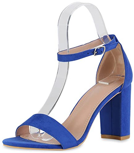 VAN HILL Damen Klassische Sandaletten Blockabsatz Schuhe Basic Freizeitsandaletten Veloursleder-Optik Absatzschuhe 210804 Blau Silber 39