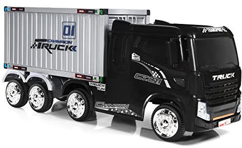 COSTWAY Kids Electric Ride on Car, 12V Battery Powered Semi-Truck with Storage Container, Remote Control, MP3, USB, Lights, 8 Wheels Vehicle Toy Cars for 3+ Years (Black)