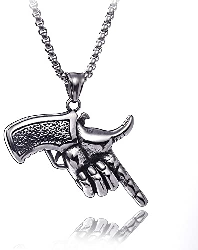 Yerdos Retro Vintage Stainless Steel Gothic Gun Hand Gesture Style Biker Cocktail Party Pendant Necklace