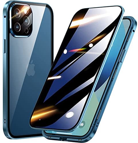 QiiStar Privacy Case for IPhone 12 Pro,Front and Back 360° Full Body Cover Metal Bumper Anti-peeping Screen with Crystal Clear Back Double-sided Tempered Glass Magnetic Case - Blue