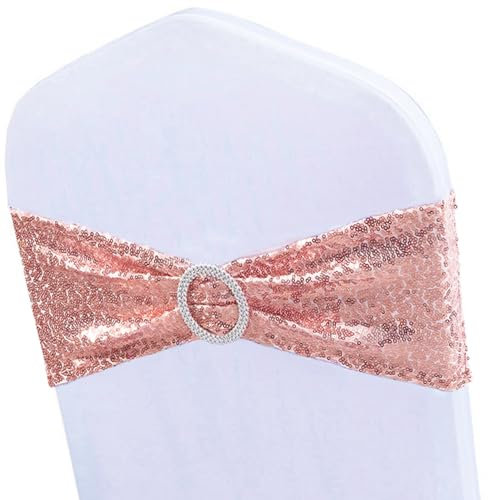 Sequin Rose Gold Chair Sashes 50 Pack, Pink Gold Chair Bows for Party Folding Chairs Decorations, Chairs Bands with Buckles for Wedding Fiestas Decor