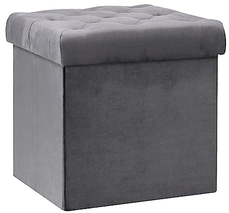 Bonlife Folding Ottoman Storage Cube,Footrest Stool Seat,Toy Chest Storage Box with Lid,Footstool for Living Room,Grey Velvet,40x40x40cm