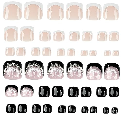 MWOOT 48Pcs (2 Packs) False Toenail Tips, Full Cover Rhinestones Press on Toenail, French Black Glue on Toe Nail with Manicure Kit, Square Nail Extension Tips for DIY Women Salon Nail Decoration