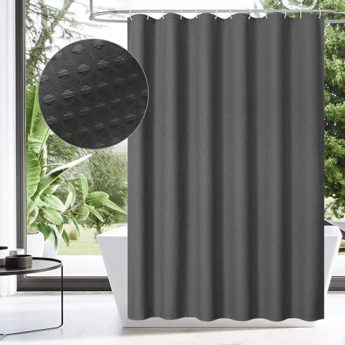 MitoVilla Rideau de douche étroit en tissu gaufré gris 91,4 x 183 cm pour décoration de salle de bain, ensemble de rideau de douche lesté avec crochets en plastique, gris anthracite