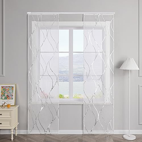 SCHOAL Schiebegardinen mit Klettband Transparente Schiebevorhang 2er Set Voile Gardinenschal Fensterschal mit glänzenden Wellen Muster BxH 57x245cm Silber