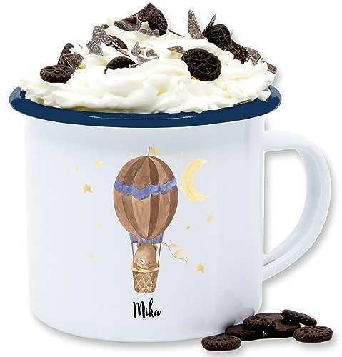 Emaille Tasse Blechtasse - Bären - Süßer Bär im Heißluftballon - 300 ml - Weiß Blau - bear süß bärenmotiv kinder teddy bärchen personalisierte geschenke kind und