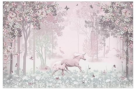 Bilderwelten Fototapete Kinderzimmer Einhorn auf Blumenwiese in Rosa 255 x 384 cm Vlies-Tapete XXL Smart Wandtapete Wanddekoration Kindertapete