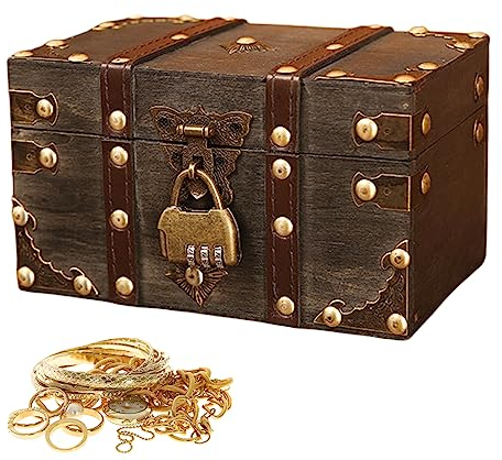 Sporgo Vintage Bois Coffre Tresor: Petit Coffre Bois avec Serrure à Combinaison Coffre Tresor Enfant, 18 x 11 x 10cm Trésor De Pirate Coffre Au Trésor pour le Rangement et la Décoration
