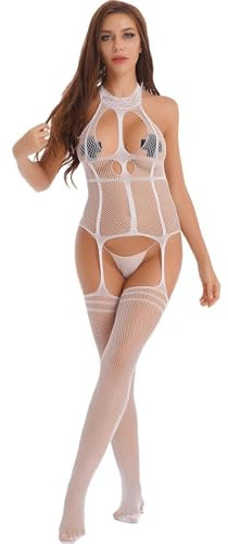 Conjunto De Ropa Interior Medias Ropa De Dormir De Rejilla Transparente,Blanco,Talla Única