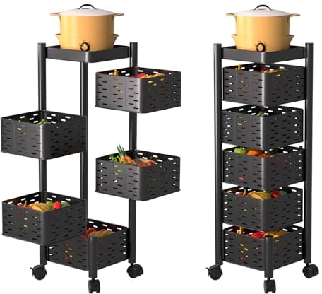 izekiahel Scaffale Rotante Per Verdure, Scaffale a torre per verdure A 5 Livelli Con chiusura magnetica e 4 Ruote Universali A 360° Per Cucina Soggiorno Scaffale Rotante Per Frutta
