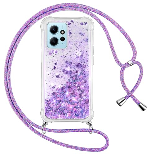 Vauki Coque pour Xiaomi Redmi Note 12 4G avec Cordon, Paillette Liquide Transparent Crystal Glitter Housse, Protection Antichoc Silicone TPU Bumper Case,Réglable Collier pour Redmi Note 12 4G, Violet