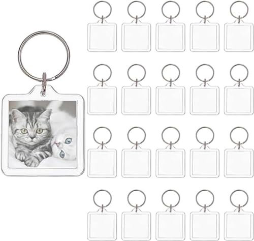 20 Porte-clés Photo, BetterJonny Porte Clé Photo Transparent Vierge en Acrylique Double Face Porte Cle Photo Personnalisable DIY Cadre Photo Vierge Rectangle Porte Clef Photo pour Famille, Carré 4x4cm