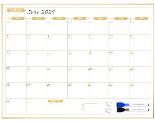 ARCOBIS Trockenlöschbarer Kalender für die Wand, 60 x 45 cm, magnetischer, monatlicher Whiteboard-Kalender, trocken abwischbarer, tragbarer hängender Whiteboard-Planer für To-Do-Liste, Gold