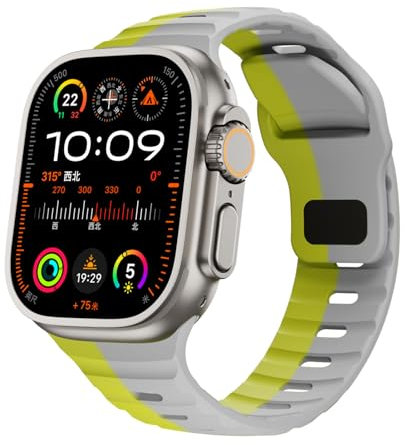 RYLIXAR Correa de Silicona Compatible con Apple Watch Ultra/Series 10/9/8/7/6/5/4/3/2/1/SE, 38-49mm, Deportiva (gris con verde fluorescente, 42mm/44mm/45mm/49mm/46mm(series10)