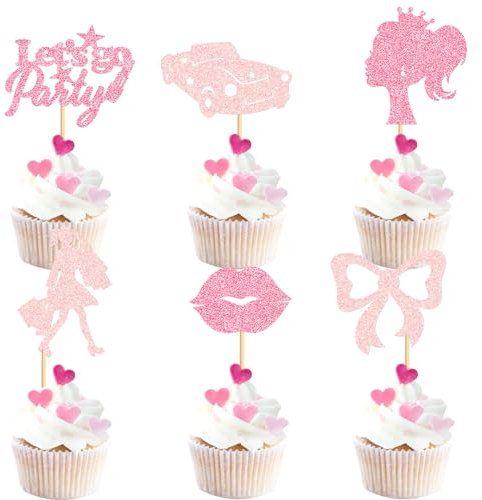 Keaziu 36 Pack Let's go Party Cupcake Toppers Pink Girl Cupcake Picks Lips For Princess Theme Baby Shower Decorations Wedding Anniversary Kids Party Decorations Supplies