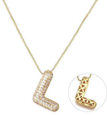 RWQIAN Bubble Buchstaben Kette Gold L Damen Balloon Initialen Haskette Bling Zirkonia Buchstaben Kette Anhänger Blase Letter Schmuck Geschenke für Frauen
