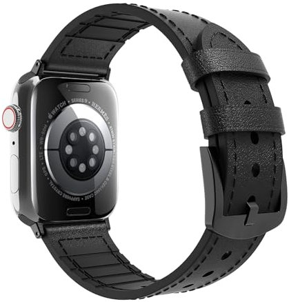 TiMOVO Lückenlos Leder-Hybrid-Silikon Armband Kompatibel mit Apple watch Ultra/Ultra2 49mm/Series 10/9/8/7/6/5/4/3/2/1/SE 42/44/45/46mm, Schnellverschluss Leder Uhrenarmband für Damen Herren,Schwarz