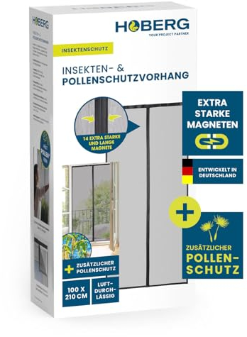 HOBERG Cortina antiinsectos y antipolen | Mosquitera para puerta con bandas magnéticas XXL | Mosquitera para puerta de balcón | Mosquitera antipolen - también ideal como mosquitera | 100 x 210 cm