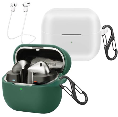 [2-Pack] easyBee Hülle Kompatibel mit Samsung Galaxy Buds3 FE/Buds 3 / Buds 3 Pro, mit 2 Karabiner Anti-Verlust-Gurte, Silikon Case Stoßfest Schutzhülle Bluetooth Kopfhörer Tasche - Weiß Grün