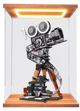 HCAEIOFJ Transparente Acryl-Vitrine für Lego Disne 43230, anwendbar für Walt Disney Tribute-Kamera-Displaybox, Geschenk (nur Vitrine) (Walnuss unten + oberes Licht)