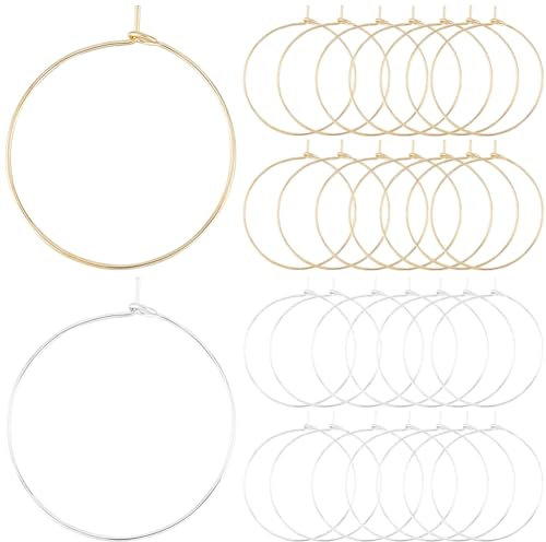 Beebeecraft 1 Box 100Pcs 316 Surgical Stainless Steel Wine Glass Charms Rings 30mm Round Hoop Earrings for Jewelry Making DIY Crafts (Gold, Silver)
