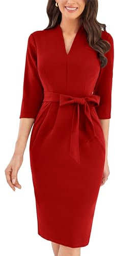 GRACE KARIN Damen Elegantes figurbetontes Bürokleid mit Reißverschluss hinten und Gürtel Rot XXL