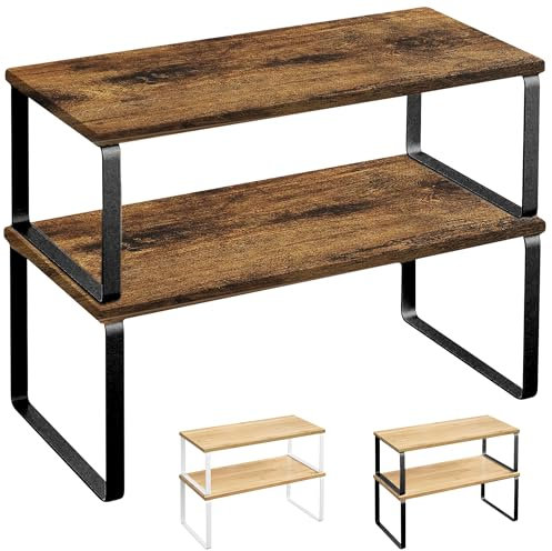 JUPPLIES - Pack 2 Organizador Cocina Estante para Especias - Organizador Armario Cocina Multiusos - Estanteria Cocina de Almacenamiento Apilable con Diseño de Bambu y Metal (Negro + Marrón Rústico)