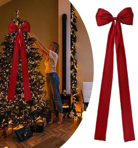 Lazo Grande de Satén y Terciopelo Rojo para Decoración de Árbol de Navidad - 16 x 57 Pulgadas - Suministros para el Hogar