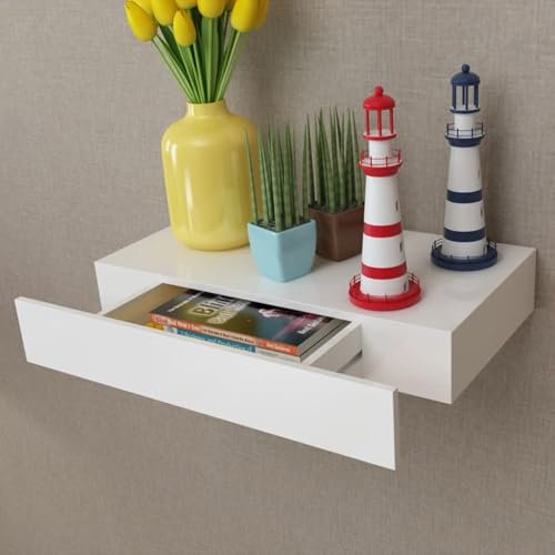 Juroupi White MDF Floating Wall Display Shelf 1 Drawer Book/DVD Storage,Floating Shelf,Wall Shelf with Bar,Wall Shelf for Living Room/Kitchen/Bedroom-242187