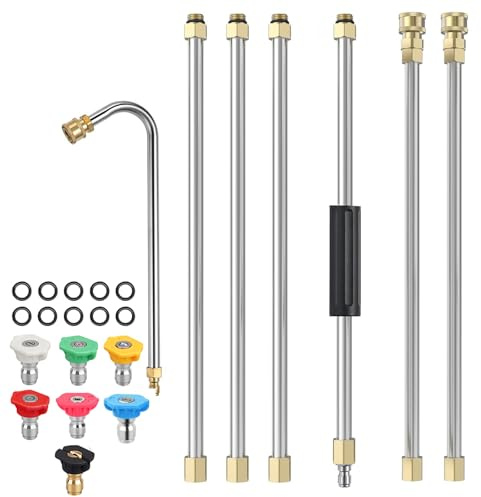 Geichan Gutter Cleaning Tool Pressure Washer Extension Wand Set,4000 PSI Gutter Cleaning Tool Rod,Pressure Washer Roof Cleaner,Roof Cleaner Lance with 7 Pcs Nozzle Tips, 10 Pcs Rubber Ring