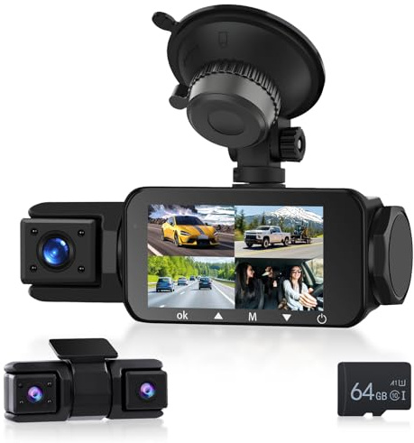 Podofo HD 2K-Frontkamera, 360-Grad-Dashcam mit Rückkamera, 4-Kanal-Onboard-Autokamera, G-Sensor, Bewegungserkennung, Loop-Aufnahme, 64G TF