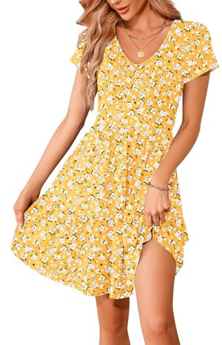WNEEDU Women's Summer Dress V Neck Short Sleeve Casual Dress Pleated Hem Knee Length T-Shirt Dresses with Pockets Yellow Flower L