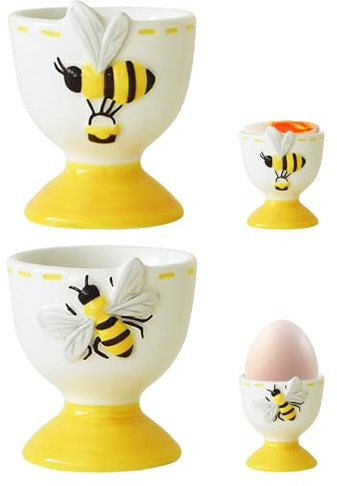 ACAREY Keramik Eierbecher 5.5 × 5.6 × 6.7 cm, Eierbecher Porzellan Mit 3D Bienenmuster, Bruchsichere, Eierschale Frühstück Eierhalter (A+B)