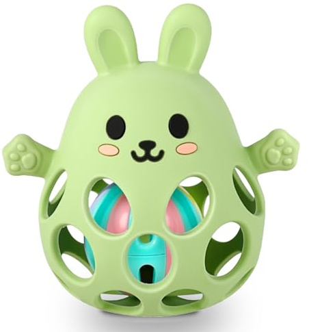 Jouet Bébé 0-6 Mois – Balle de Préhension Hochet Sans BPA Anneau Dentition, Jouet Sensoriel Montessori Inspiré & Cadeau Naissance, Baptême, Noël (Lapin, Vert Olive)