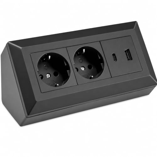 Steckdosenblock 2-fach + USB-A/C schwarz für Küche und Büro − Ecksteckdose aus hochwertigem Kunststoff ideal für Arbeitsplatte, Tischsteckdose oder Unterbausteckdose Möbelsteckdose Küchensteckdose