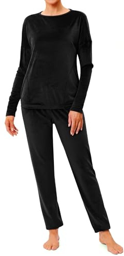 Wayleb Pigiama Donna Invernale Due Pezzi in Pile con Top Girocollo Spalla Scesa e Pantaloni del Pigiama con Coulisse, Nero -A, M