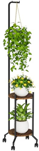 VyGrow Plant Stand Indoor, 2 Tier Hanging Tall Plant Shelf with Wheels, 3 Potted Corner Flower Stand Metal Plant Holder, Plant Shelves for Living Room, Bedroom, Patio, Outdoor, Black