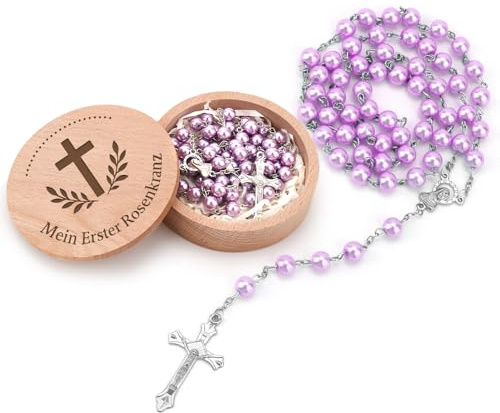 FIDWALL Mein erster Rosenkranz mit Aufbewahrungsbox – Tauf- und Baby-Shower-Geschenk für Mädchen und Jungen | Katholischer Heiliger Erstkommunion Rosenkranz Perlen (Lila)