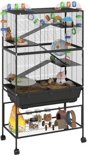 PawHut Rat Cage on Wheels, 5 Tier, 17 cm Deep Tray, for Syrian Hamsters | Large Hamster Cage, Storage Shelf, Big Exercise Wheel, Tube System, Hut, Platforms, Ramps, Water Bottle, Food Dish, for Rats
