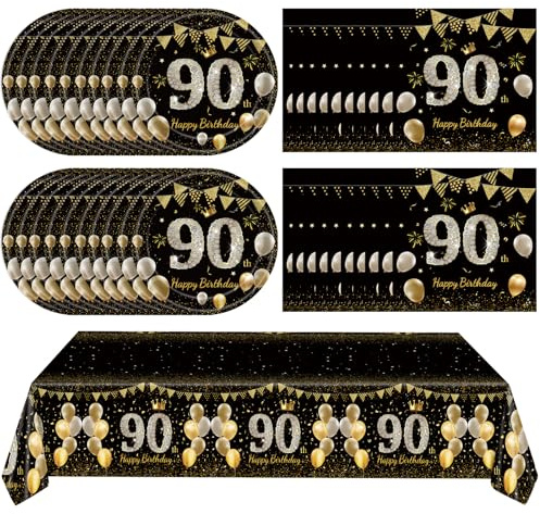 Juhap 41Pcs 90th Birthday Decorations for Men Women, Black Gold 90 Year Old Birthday Party Supplies Include 20 Plates 20 Napkins and 1 Tablecloth, Black Gold 90 Aged Birth Party Tableware